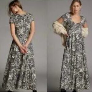 Maeve By Anthropologie Black White Floral Print Catalina Tiered Maxi Dress Large
